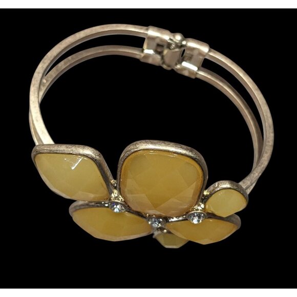 Chunky Retro Yellow Gemmed Gold-Tone Cuff Bracelet With Rhinestone Accents - Picture 3 of 6